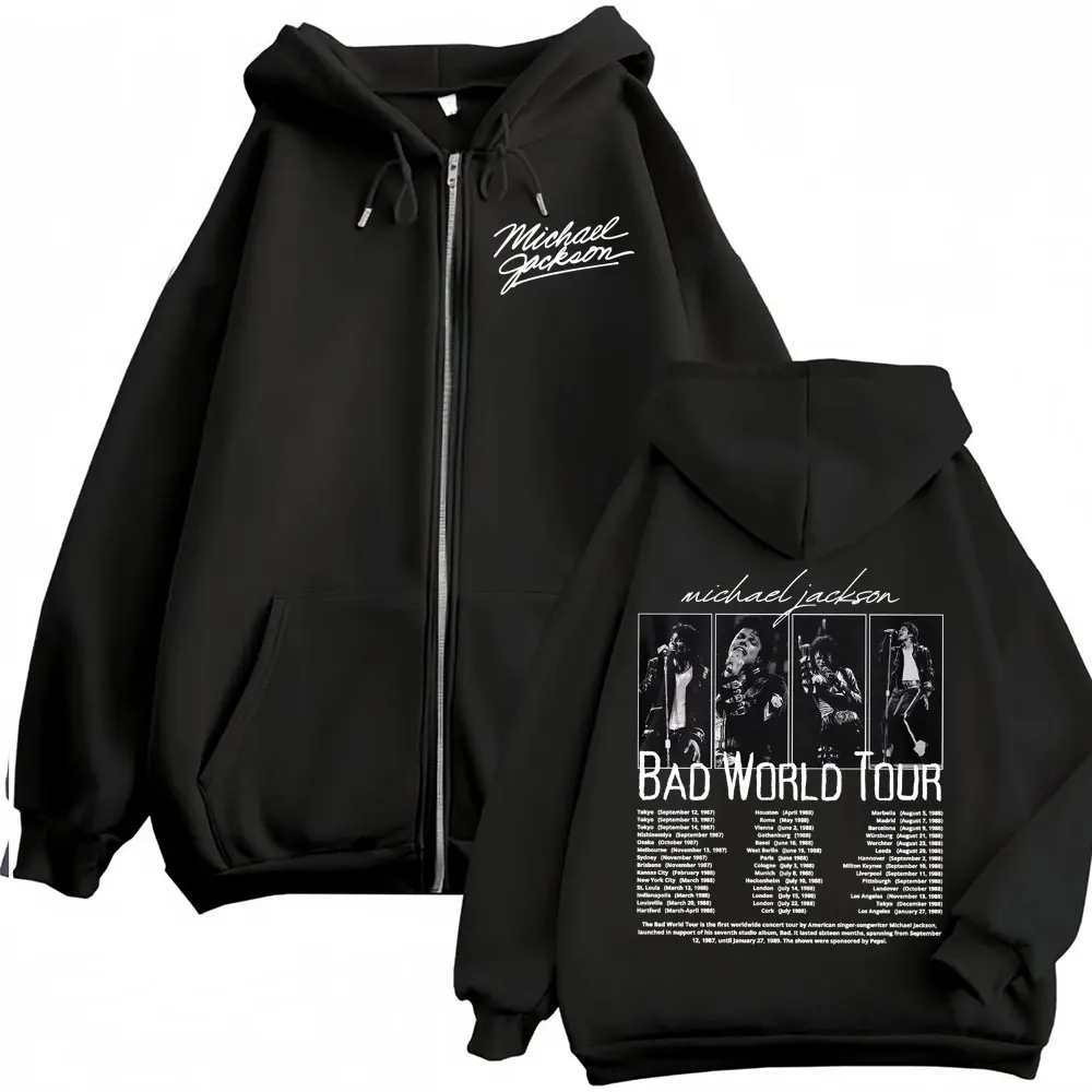 Moletom com Zíper King of Pop Michael Jackson Bad World Tour para Homens e Mulheres, Jaqueta Casual de Moletom com Capuz, Casaco com Zíper Hip Hop
