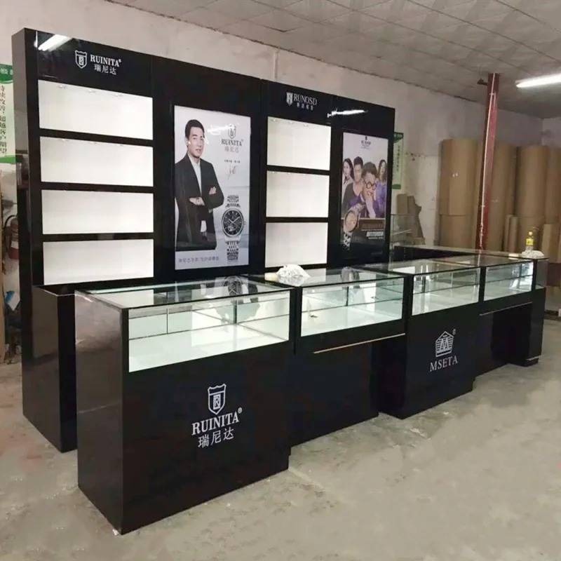 custom，Factory Customized Watch Display Counter Wood Display Cabinet for Watch Retail Watch Showcase with LED Light