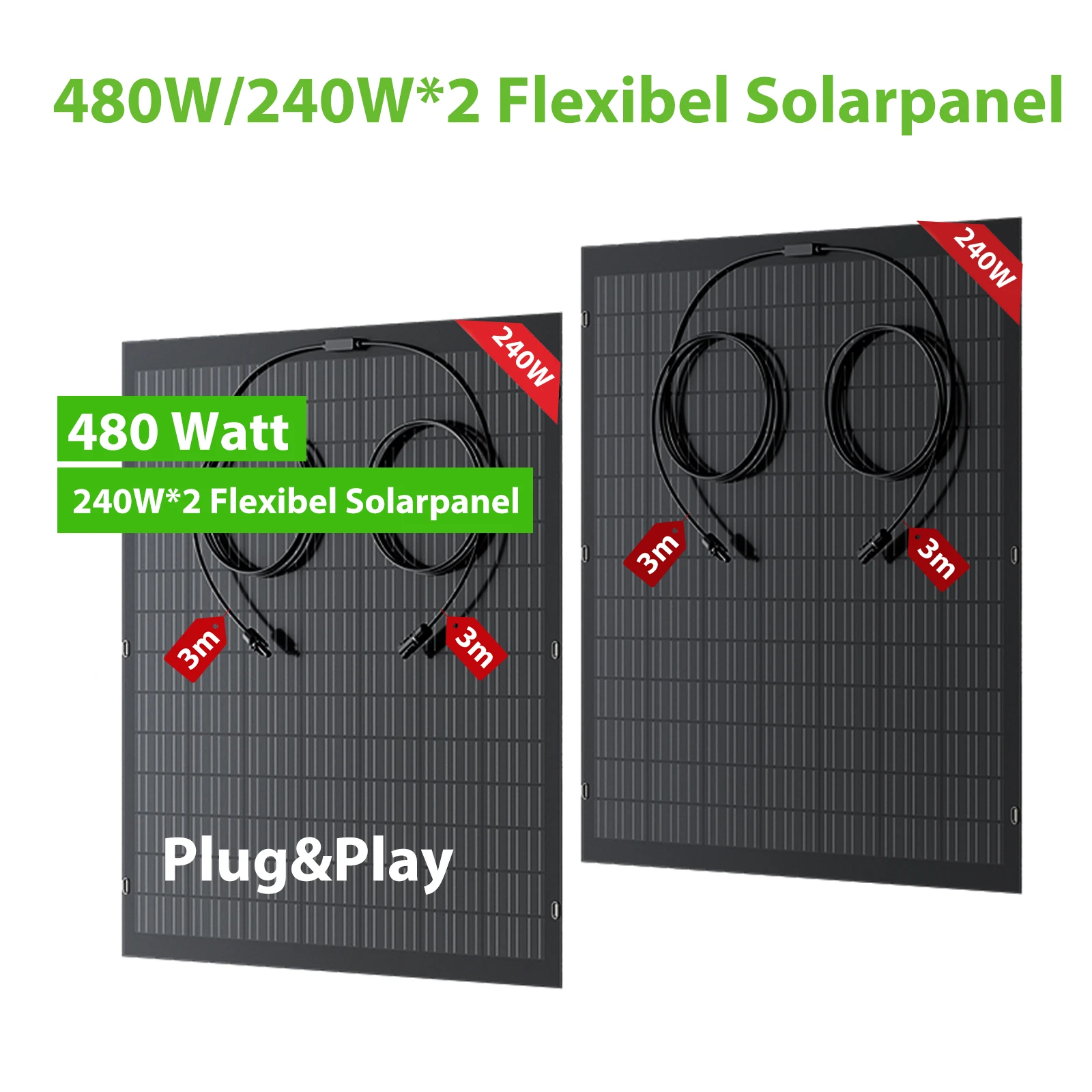 LIONSHEE 480W flexibles Solarpanel-Set (2 × 240W), monokristallines Silizium, IP67 wasserdichte PV-Module mit 3 Meter langem MC4-Kabel für Hausbalkon, Camping, Wohnmobil, Boot, Dach, 1150x1090x2mm