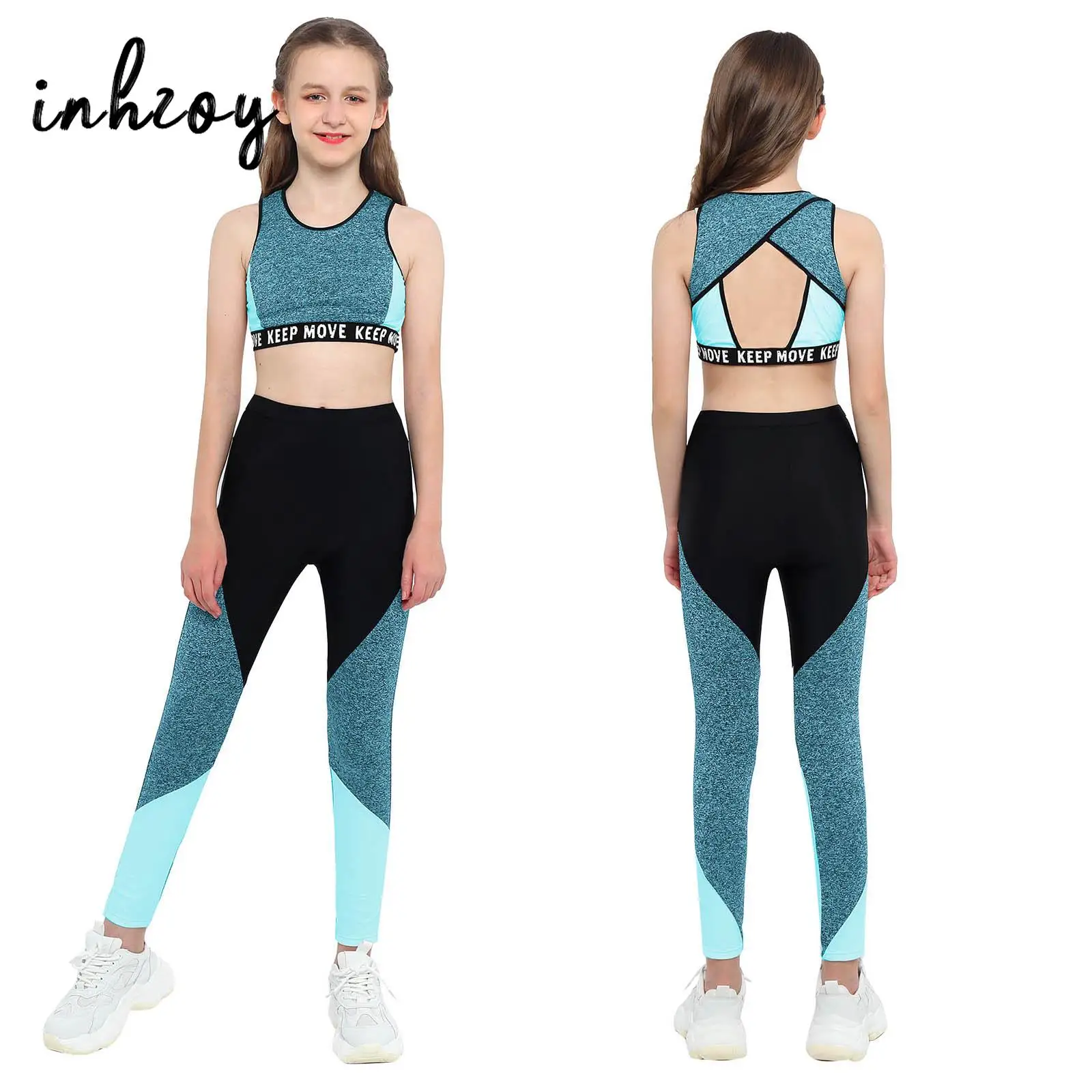 Kids Girls Workout Gymnastics Outfits Ballet Dance wear Color Block Sports Tank Tops with Legging Pants Yoga Fitness Tracksuits