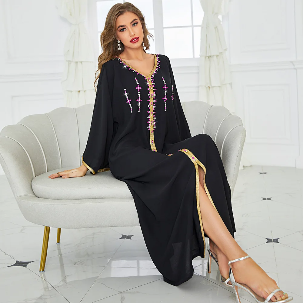 

Eid Muslim Abaya for Women, Embroidery Dress, Black abaya, Hand Work Diamonds, Long Skirt, Moroccan Abayas, Kaftan, BA7061