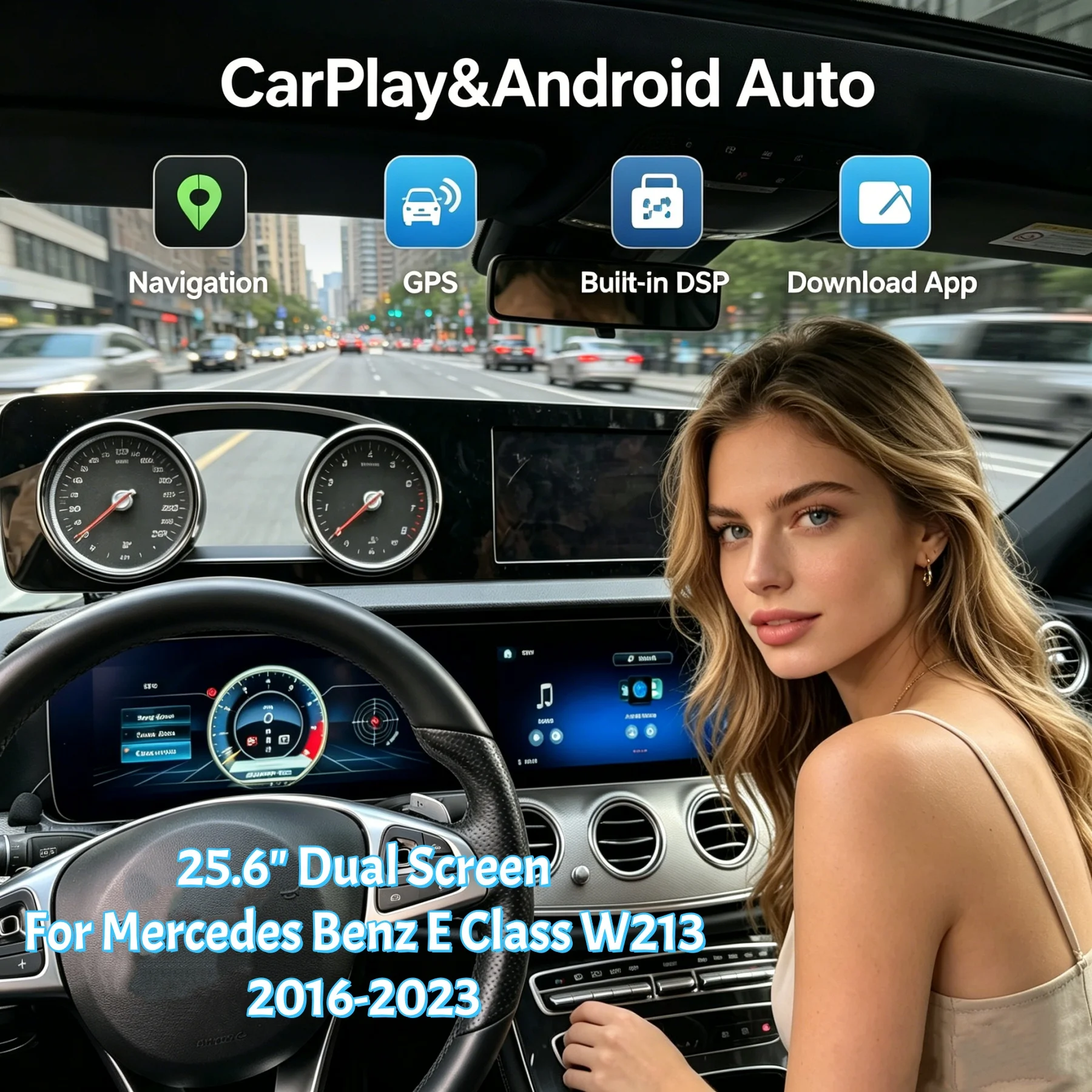 

25.6 INCH Dual Screen Android For Mercedes Benz E Class W213 2016-2023 Car GPS Navigation Multimedia Player Carplay Head Unit