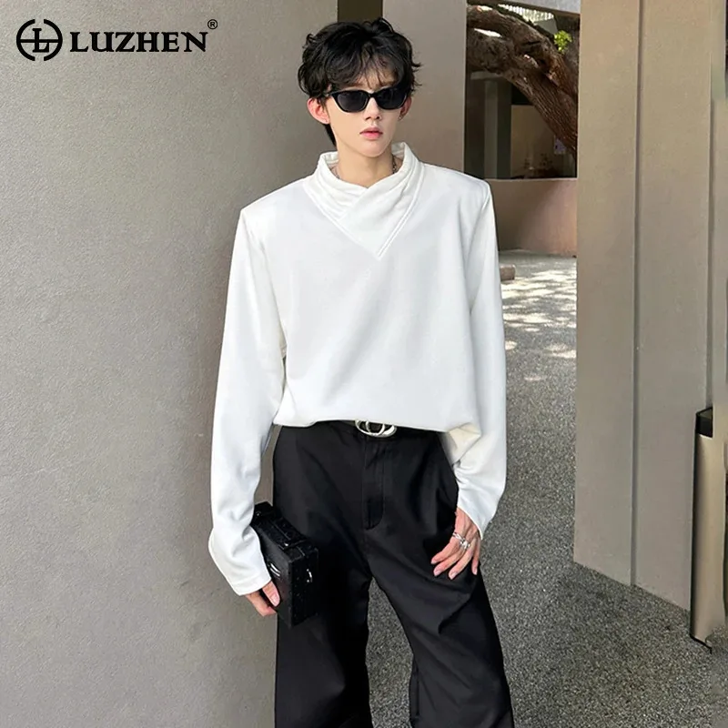 

LUZHEN Fashion Original Pleated Stand Collar Long Sleeve T-shirts Men's 2025 Autumn Korean Handsome Solid Color Clothes JY4157