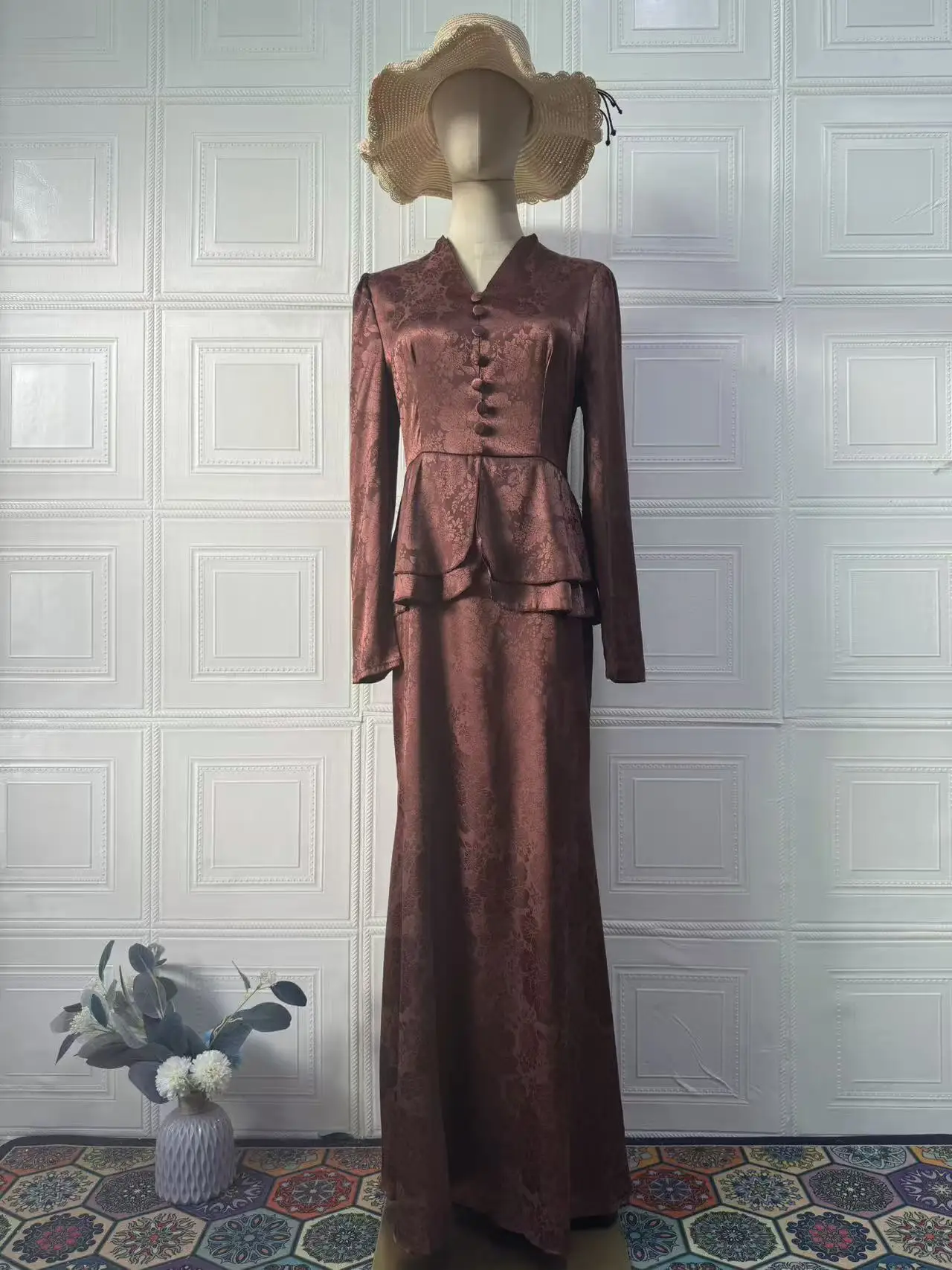 الخامس الرقبة زر الجبهة كشكش تنحنح كم طويل بلوزة عالية الخصر ضئيلة ميدي تنورة قطعتين مجموعة المرأة فستان ريترو الزي الرسمي #6