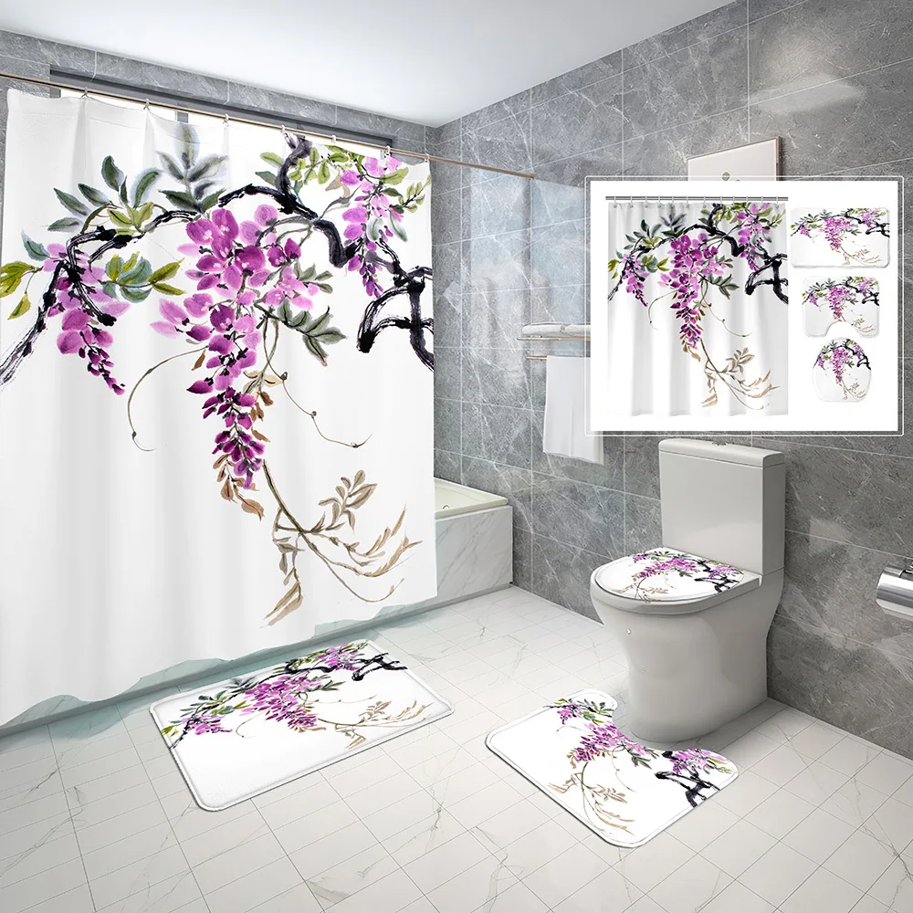 

Green Vine Pink Floral Shower Curtain Wisteria Flower Plant Print Bathroom Curtains Set with Non-Slip Rug Toilet Cover Bath Mat