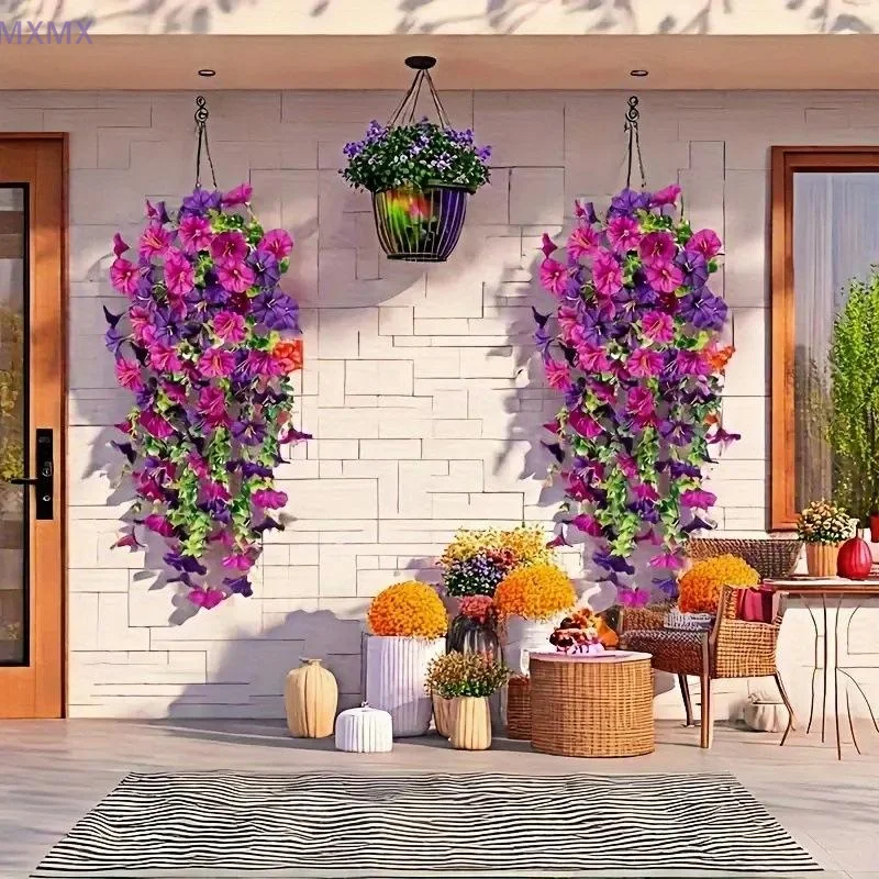 2PCS Artificial Morning Glory Hanging Flowers Fake Flower Outdoor Home Garden Wall Hanging Petunias Plants Wedding Decoration