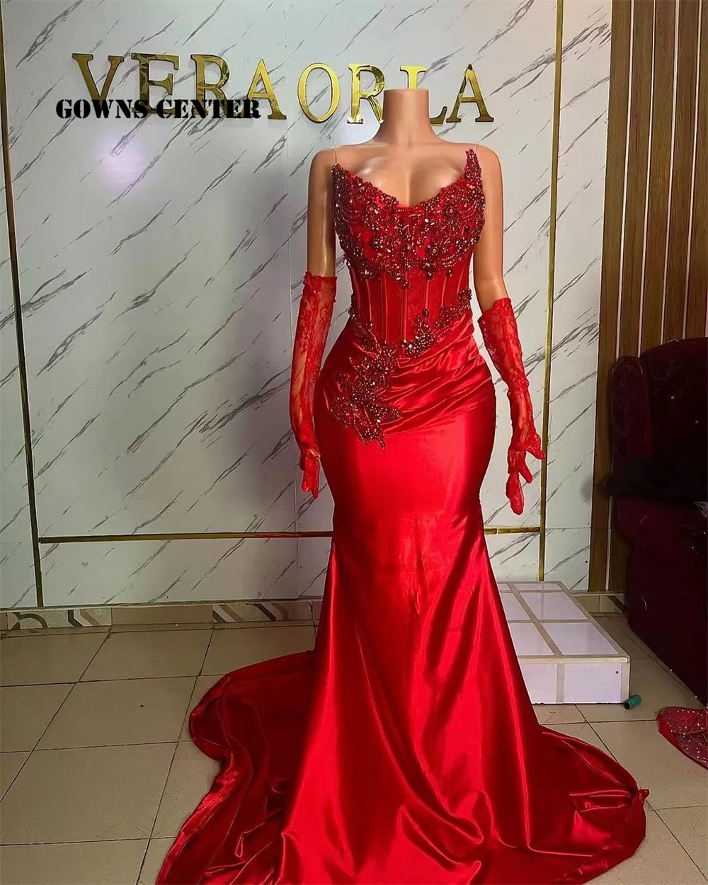 Amazing Red Lace Gloves Rhinestone Strapless Evening Dress Mermaid Aso Ebi Women Formal Party Dress For A Wedding Customized