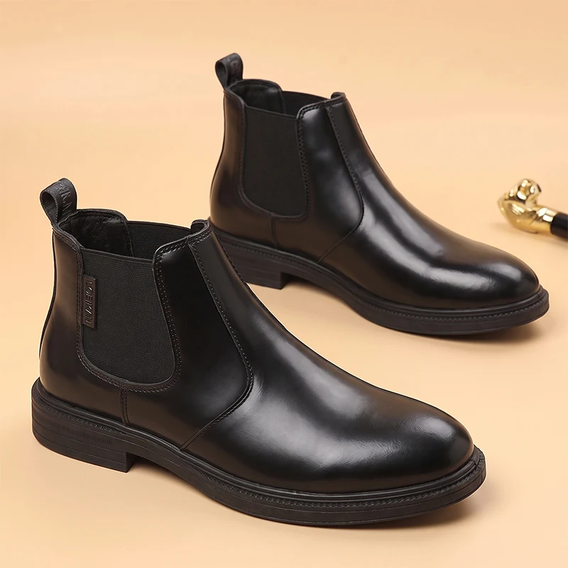 Herren Chelsea-Stiefeletten aus glattem PU-Leder, mit elastischem Bund, zum Hineinschlüpfen, niedrigem Absatz, modisch, für Business und Alltag, Herrenschuhe. – Detail 7