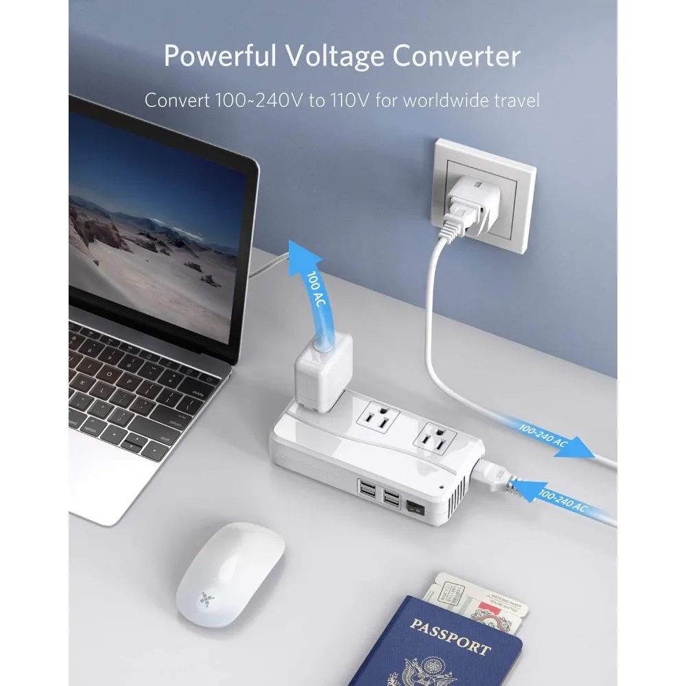 Global Travel Adapter,110-220V to 110V Converter, 250W, 6A 4-Port USB Charger, 3 AC Outlets, Fits EU/UK/AU/US/India Plugs