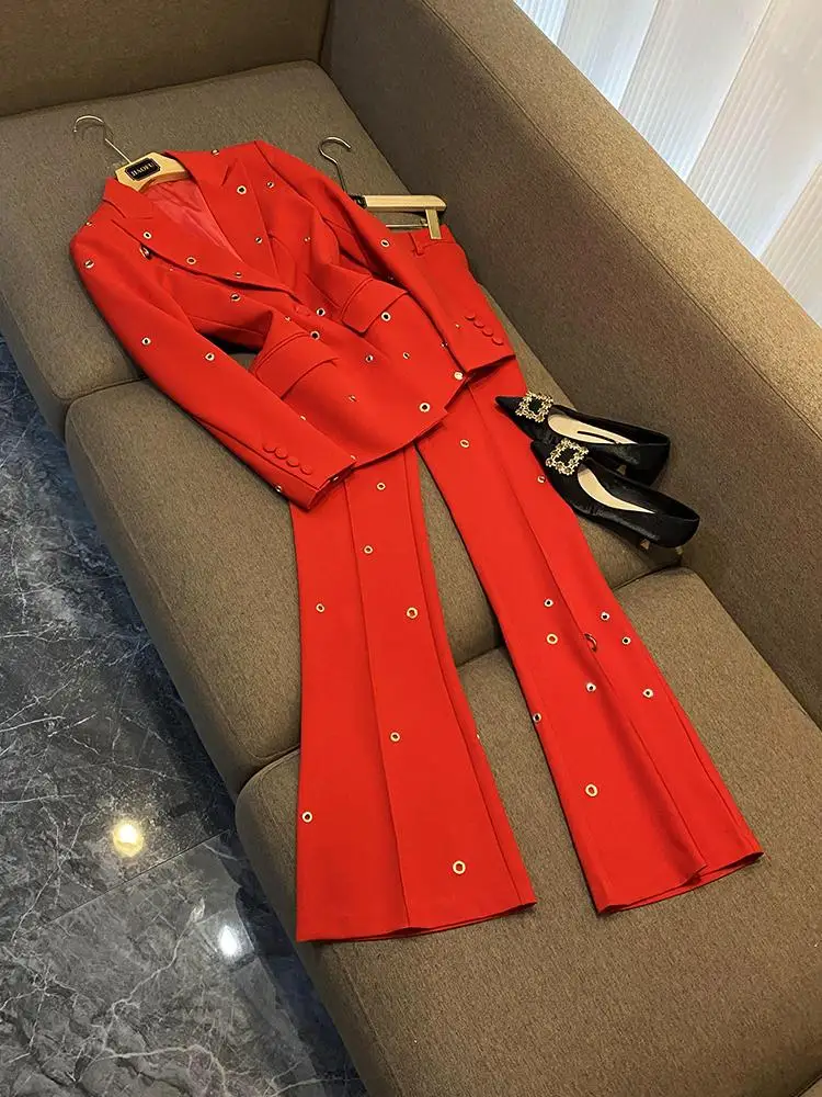 

Red Slim Fit One Button Heavy Metal Hole Suit Jaet And Pants Two Piece Set Women's Faion Outerwear Busin Casual