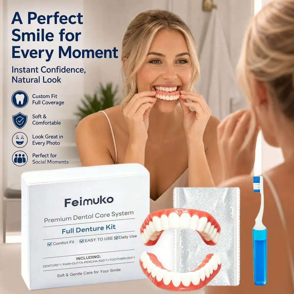 Full Denture Kit Upper Lower False Teeth Realistic Gums Tone Veneers Set Comfort Fit Daily Dental Care Tool