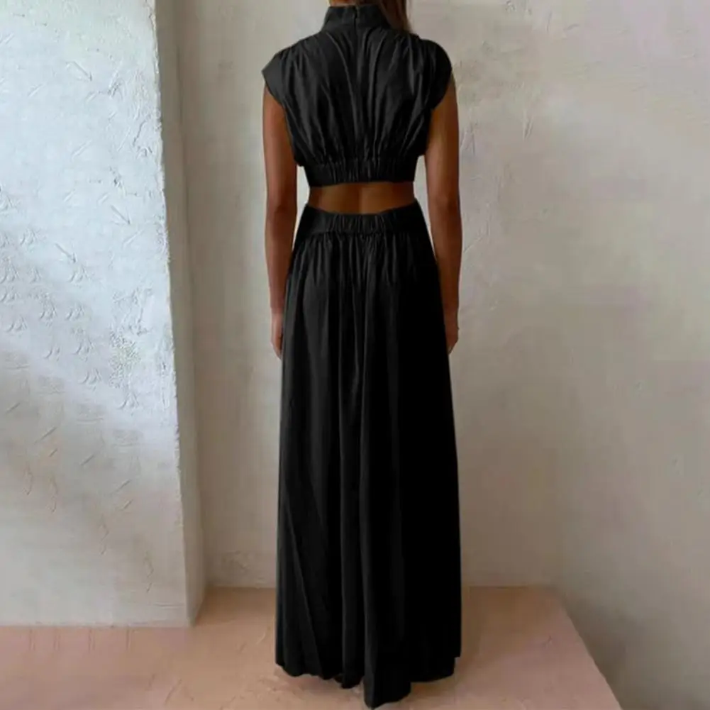 Robe longue élégante à col montant pour femmes, tenue de soirée de Cocktail plissée, ligne a, mode vacances pour femmes