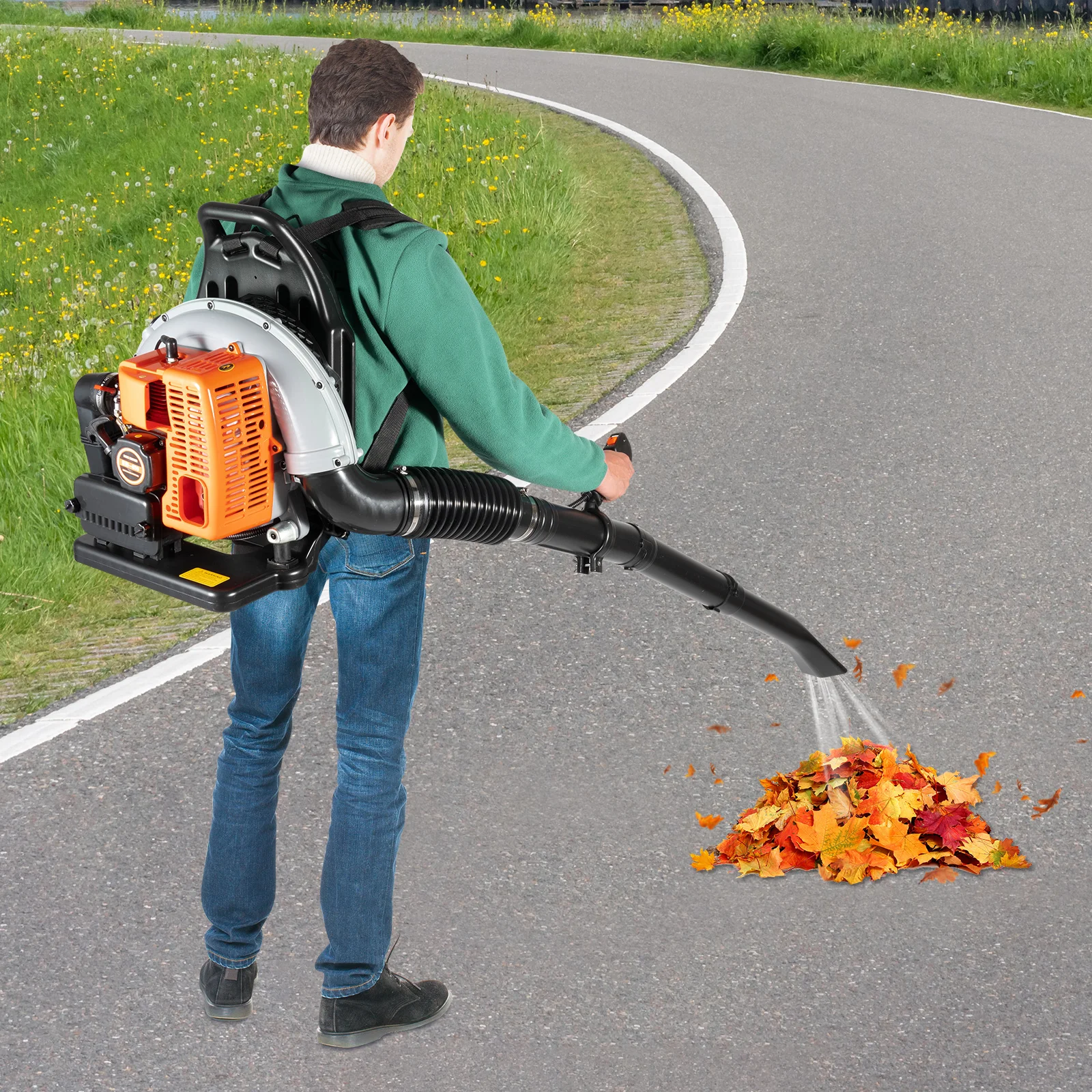 

Бензиновый воздуходув для листьев 63CC, 2.7кВт, 6800 об/мин, для уборки двора, бак 0.47 галлона, регулируемая трубка, черно-серо-оранжевый