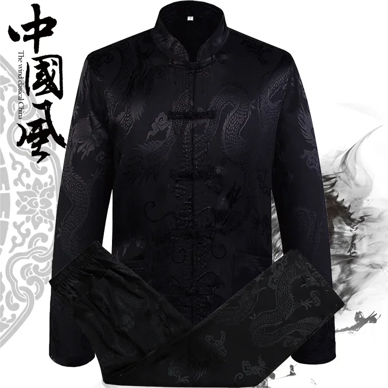 Fato Tang estampado de dragão masculino, conjunto de calças e camisas de manga comprida cetim, uniforme Wu Shu Kung Fu, estilo chinês, 5 cores