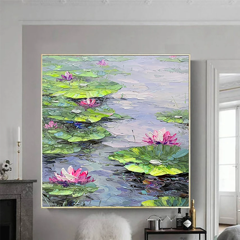 Handmade Wall Art Home Decor Picture Lotus Oil Painting  Abstract Tick Oil On Canvas Flower Murale Modern Decoration Painting