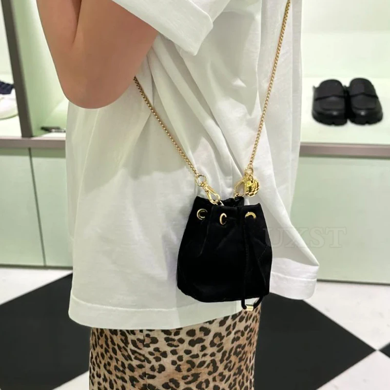 

UXST Cute Fabric Mini Bucket Bag Clothing Accessories Satchel Metal Chain Drawstring Crossbody Bag Net Red Same Style Coin Purse