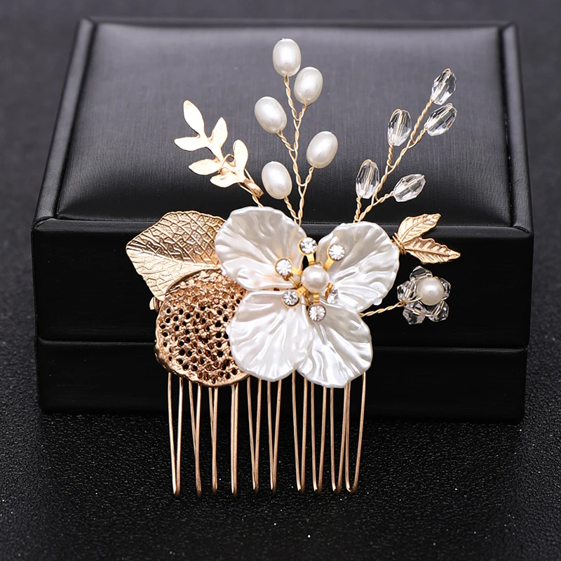 Gold Or Silver Pearl Flower Leaf Crystal Hair Comb Pin Band  For Women Bride Wedding Bridal Hair Accessories Jewelry Comb Gift image 3
