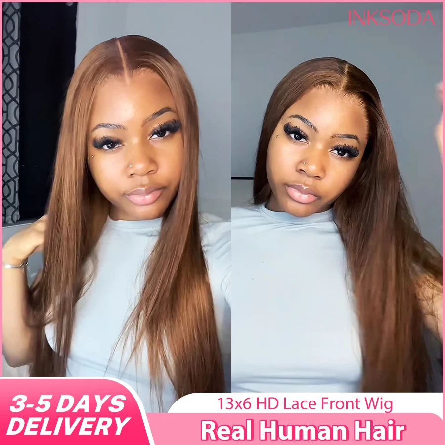 220% Density 34 Inch Chocolate Brown Bone Straight Lace Front Human Hair Wig Straight Wig 13x6 Transparent HD Lace Frontal Wigs