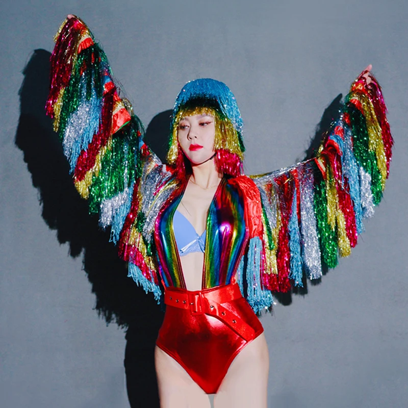 

Bar Nightclub Stage Colorful Tassel Coat Wig Rainbow Bodysuit Women DJ Singer Gogo Dance Costume Party Show Festival Rave Outfit