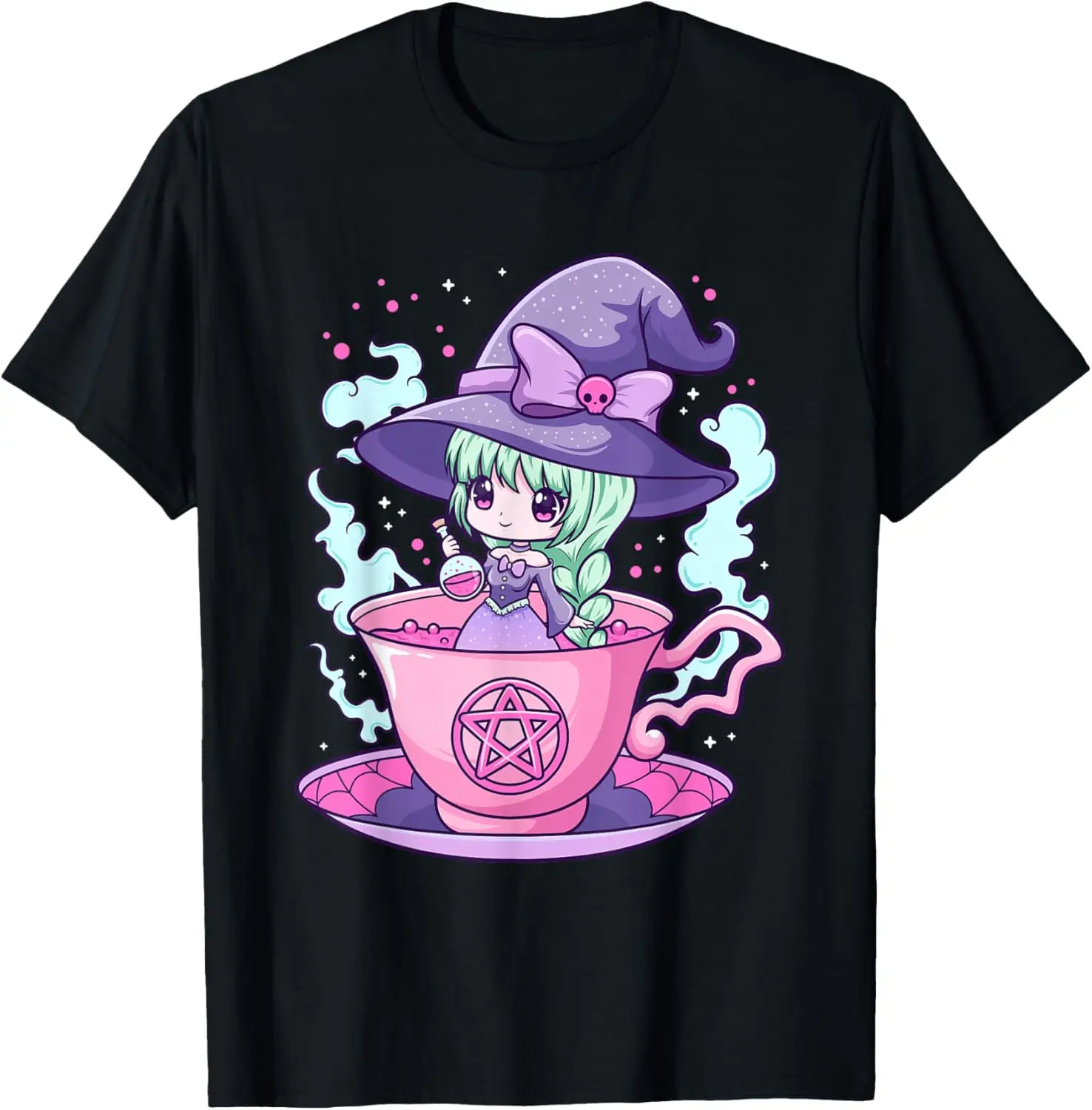 

Kawaii Pastel Goth Witch In Teacup Graphic T-Shirt Cute Magic Spooky Casual Short Sleeve Tee