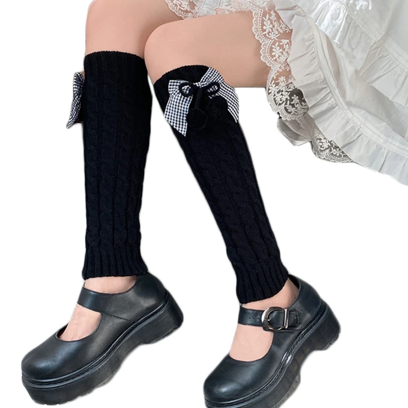 Japanese Women Twist Knit Leg Warmers Harajuku Student Plaid Bow Hair Ball Boot Cover Winter Warm Calf Socks