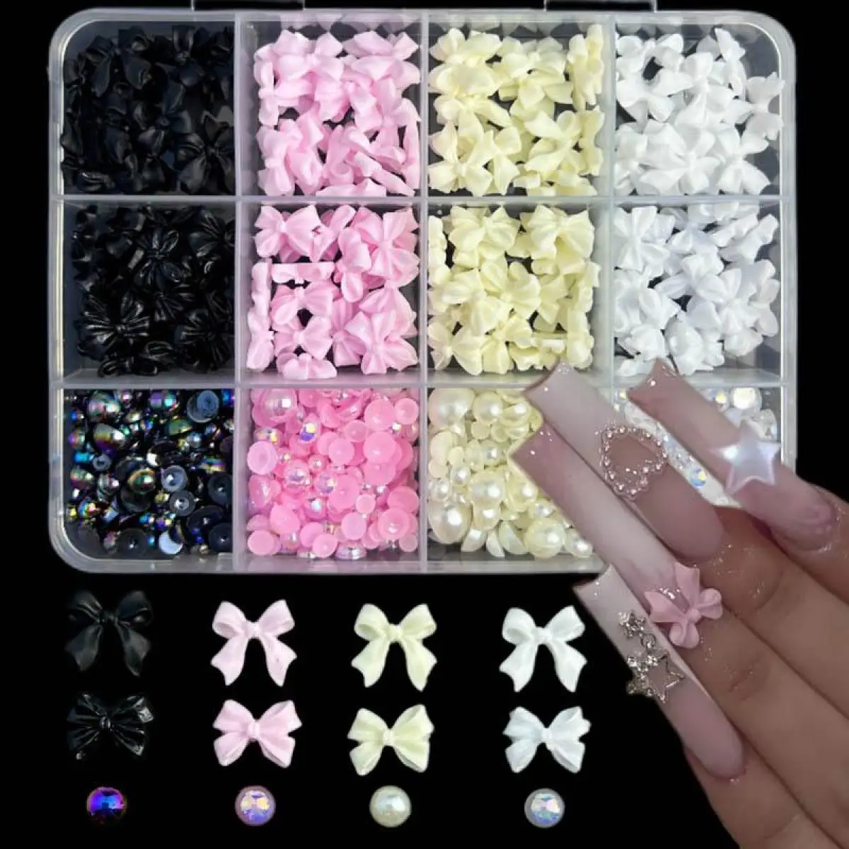 1 กล่องเรซิ่นหวาน Multi-สี Bow Semi-Circular Pearl เล็บ Charms 3D Hollowed Out Heart Square ตกแต่งเล็บเล็บ DIY