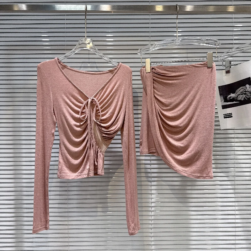 

Pure waist revealing drawstring short solid color slim fit T-shirt+irregular design slanted edges hip hugging skirt set