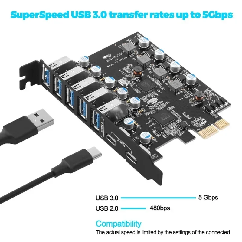 PCIe USB 3.0 Card Expansion USB-A 5X USB-C 2X PCI Express USB Add in Card Internal USB3 Hub Converter for Desktop PC Host Card