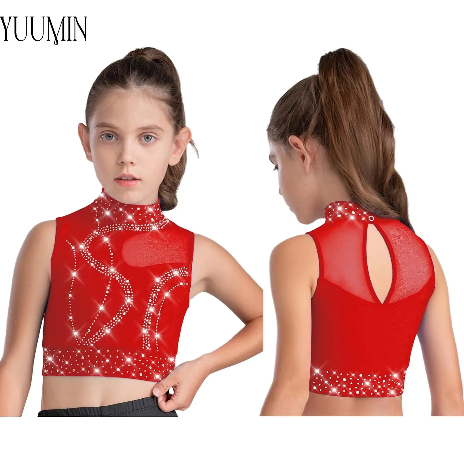 لامعة الراين الجمباز الرقص القمم أطفال بنات الشكل التزلج أداء المنافسة زي بلا أكمام بقماش شفاف المحاصيل الأعلى #1