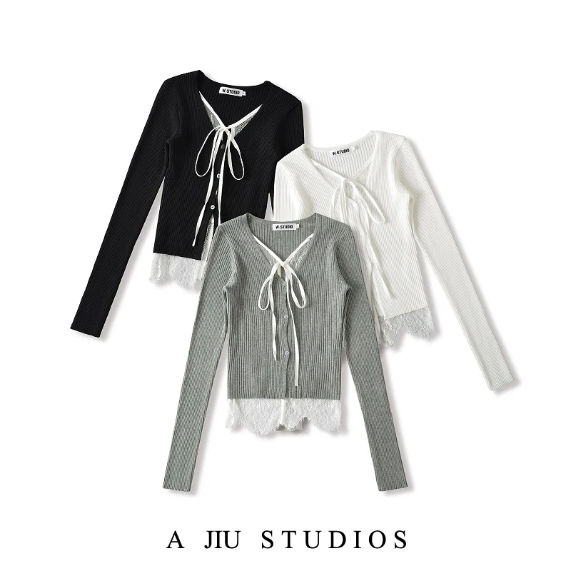 

Pure Desire Lace Knot Splice Fake Two-Piece Knitted Open Cardigan Sweater Women Design Sensation Slimming Top
