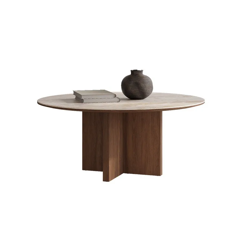 

French, Vintage, Travertine, Slate, Coffee Table, North American, Black Walnut, Round