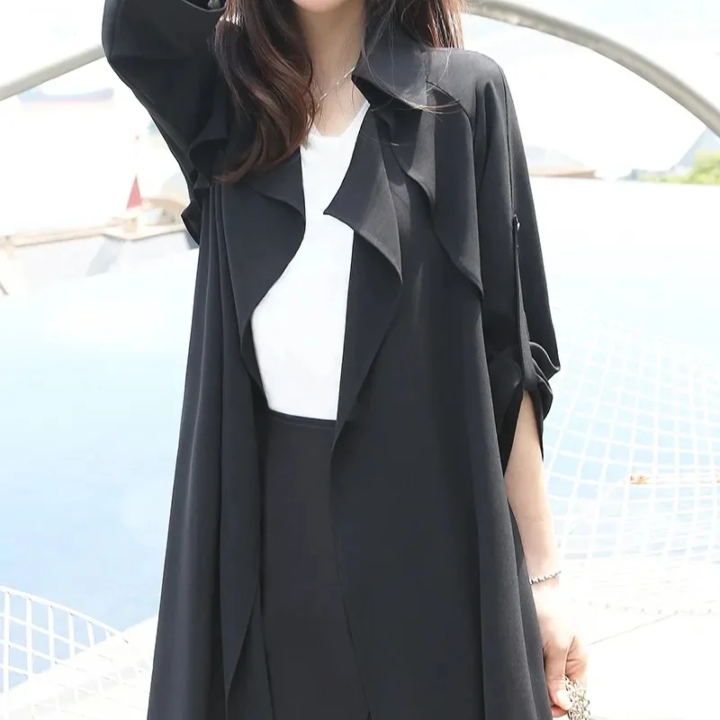 2025 New Summer Cardigan Sunscreen Coat Women Temperament Trench Coat Black Thin Long Fashion Windbreaker Outwear Female