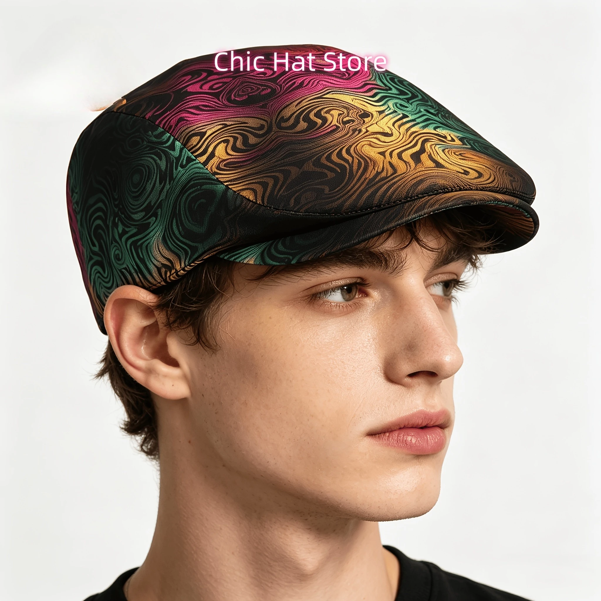 1pc Colorful Flowing Abstract Lines All-Over Print Flat-Top Hats for Men And Women, Newsboy Caps, Berets, Irish Hats, Driver Cap