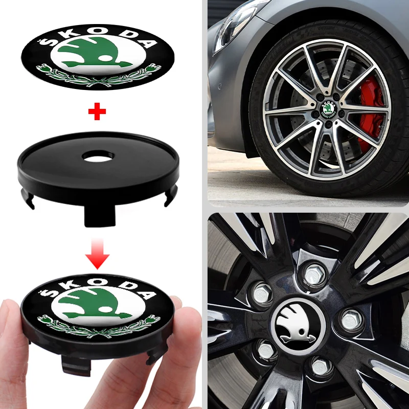 4 pz 56mm + 60mm Car Hub Center Wheel Caps emblema Badge decalcomanie Styling Sticker per Skoda Fabia Kamiq Karoq Octavia 3 A5 Rapid Scal