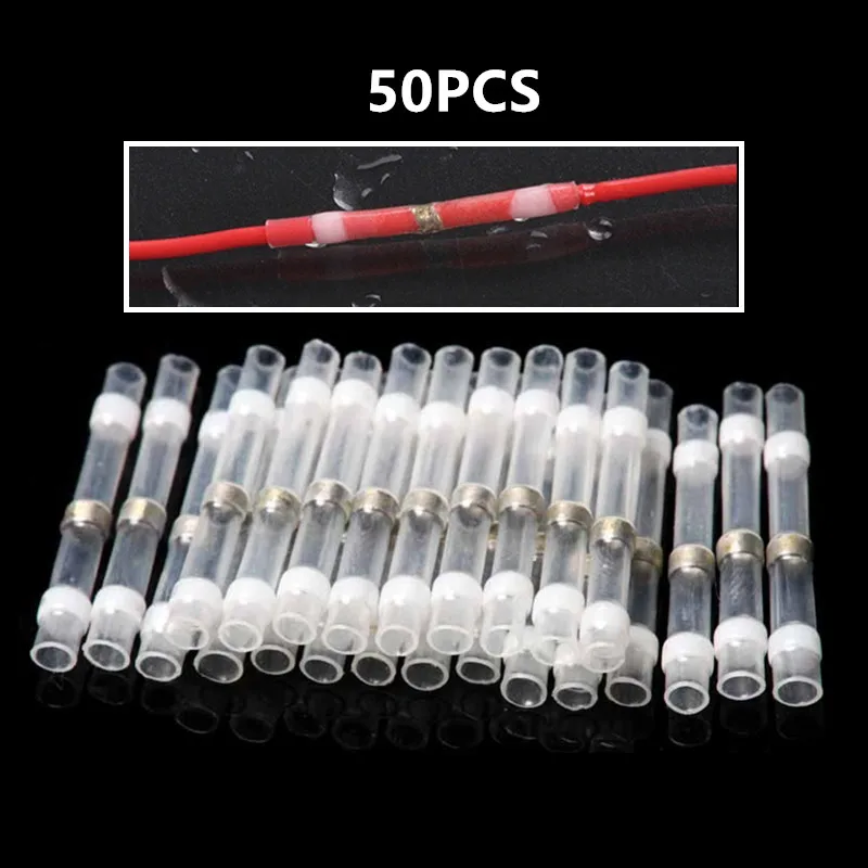 50PCS Heat Shrink Soldering Sleeve Terminals Insulated Waterproof Butt Connectors Seal Electrical Wire Soldered Terminal White