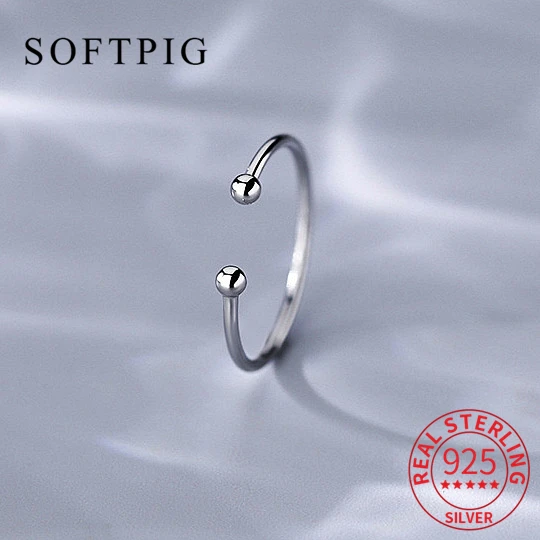 SOFTPIG INS Real 925 Sterling Silver Bead Adjustable Ring For Fashion Women Classic Fine Jewelry Minimalist Geometric Bijoux