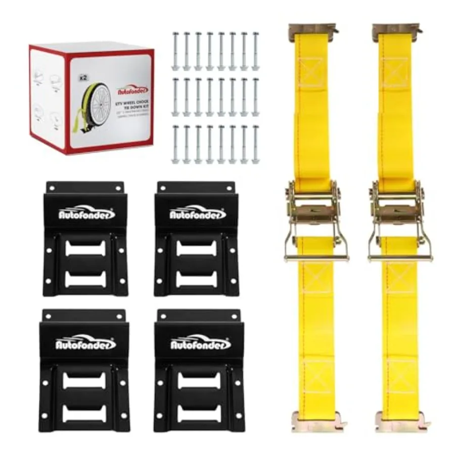 

Wheel Chock Tie Down Kit 4500lb Break Strength Heavy Duty Trailer Tire Straps System for ATV UTV Lawn Mower and More - Ratchet