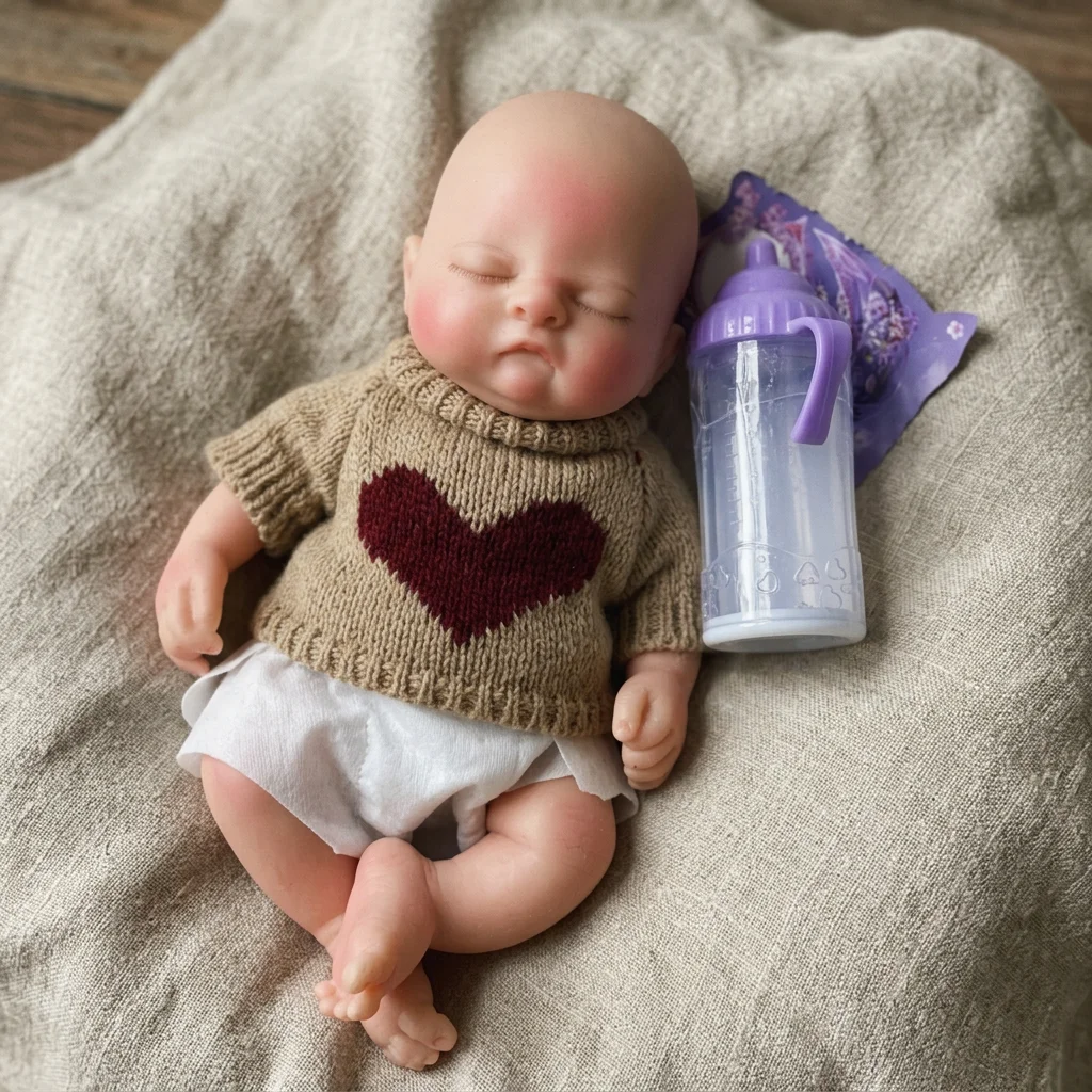 10 Inch Full Body Silicone Reborn Doll Bald With Brown Heart Painted, Sleeping Closed‑Eyes Design Hand‑Painted Waterproof Lifelike Collectible Art Ornament for Holiday & Birthday Gifts