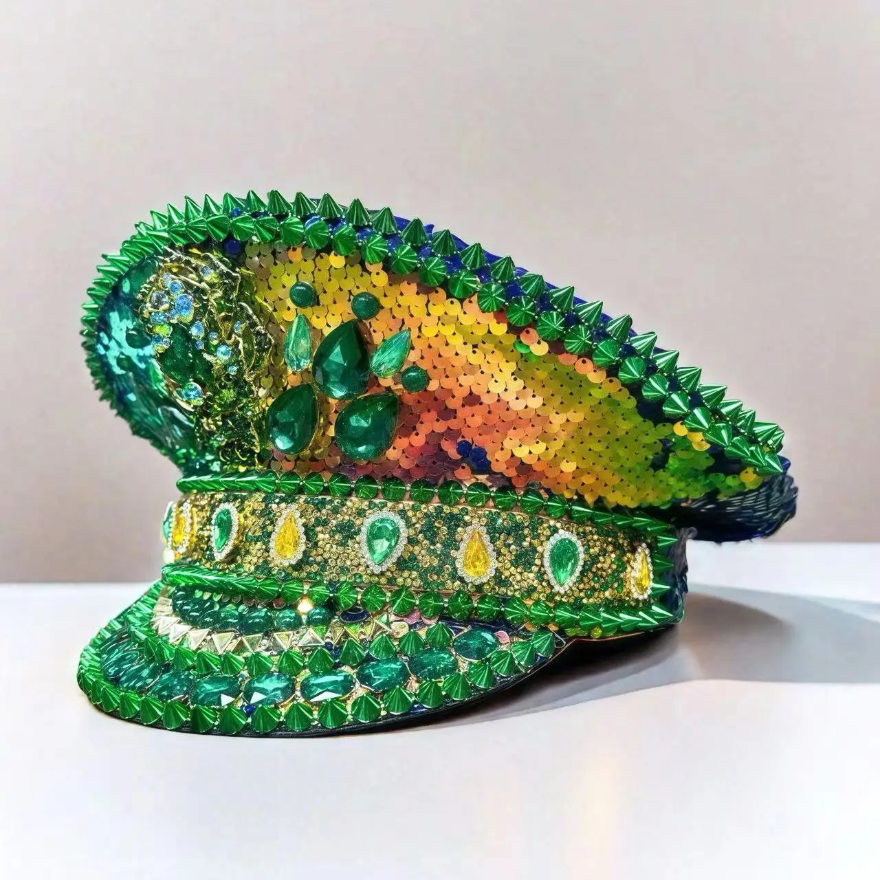 HongLuan Green Rose Cappello da capitano Steampunk con strass per donna festival Burning Man, accessori militari vintage e berretto da uomo