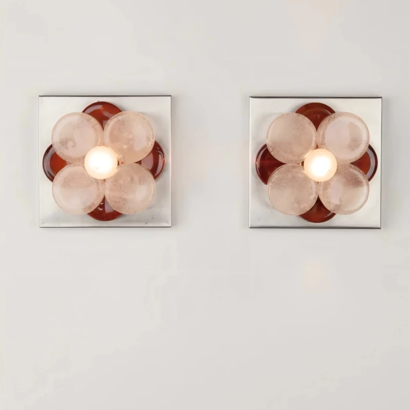 French Design Square Base Flower Glass Wall Lamp LED E27 Luxury Art Decorative Wall Sconces Living Room Bedroom Background Study