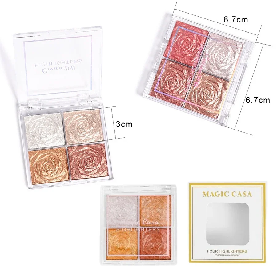 Magic Case Highlighter Poederpalet 4-kleuren Glitter Gezichtscontour Fleuren Make-up Shimmer High Light Blusher Vrouwelijke cosmetica