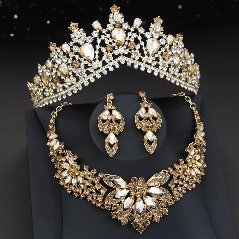 Elegant Champagne Crystal Bridal Jewelry sets and Wedding Crown Tiaras Bride Necklace Earring Dubai Jewelry set Accessories