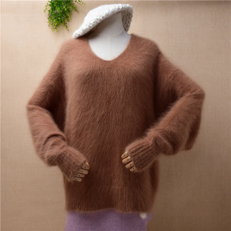 

female women autumn winter clothing hairy plush mink cashmere knitted v-neck loose lazy oaf pullover angora fur jumper sweater