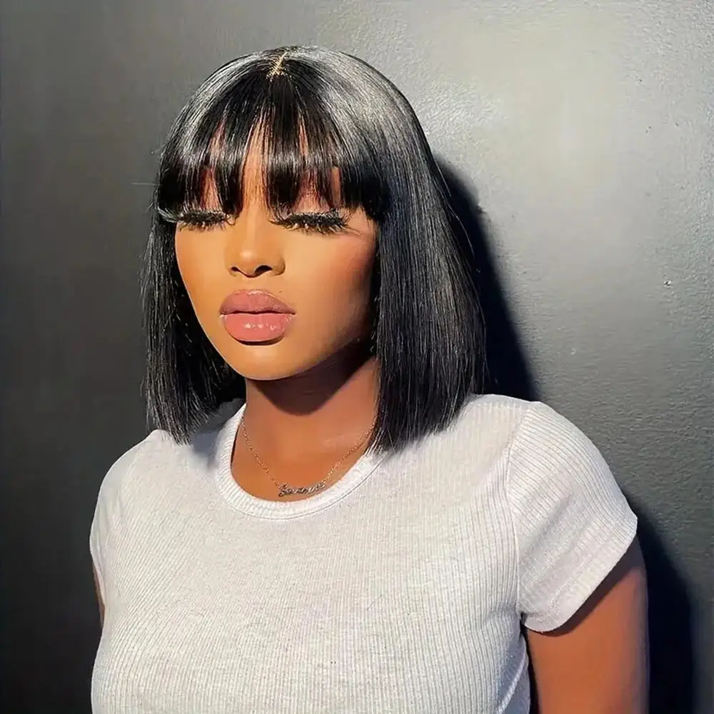 

Straight Human Hair Wigs With Bangs Fringe 2X1 Middle Part Bob Wigs Realistic Scalp On Top Straight Bob Wigs Machine Made