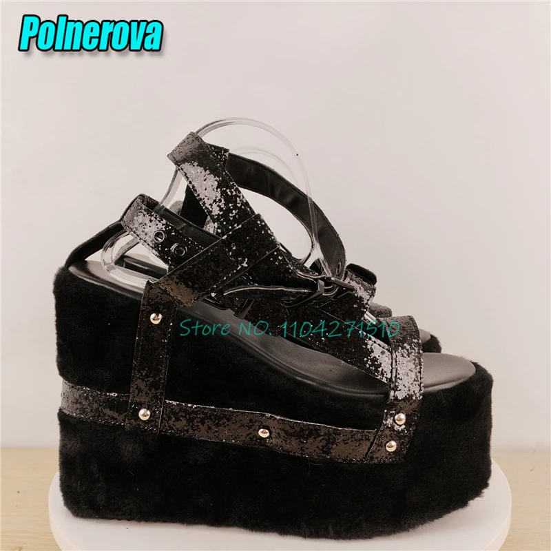 Black Glossy Leather Belt Buckle Strap Gladiator Sandals for Women Chunky Platform Wedge Round Toe High Heels Y2K Casual Shoes view 5