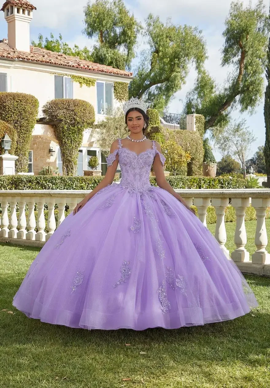 Синее платье Quinceanera, бальное платье, кружевная аппликация, тюлевые подтяжки, блестящее милое праздничное платье принцессы для девочек 16 лет