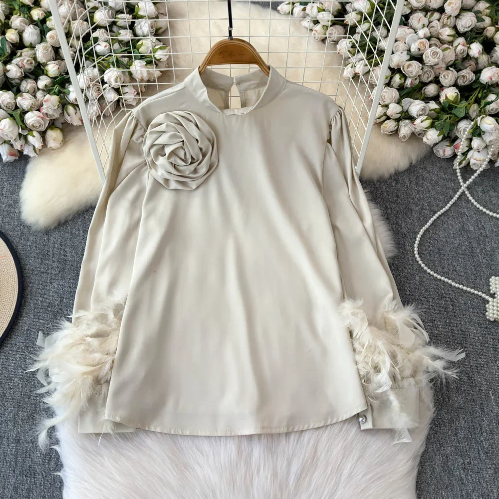 Basics Feather Long Sleeves Stand Collar Chic Three-dimensional Floral Loose Satin Top French High Street Autumn Women Blouse