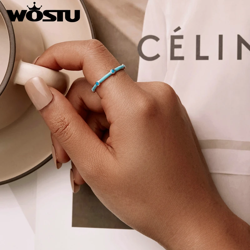 WOSTU Turquoise Vintage Cocktail Open Ring 100% Real 925 Sterling Silver Exquisite Finger Rings For Women Statement Jewelry Gift