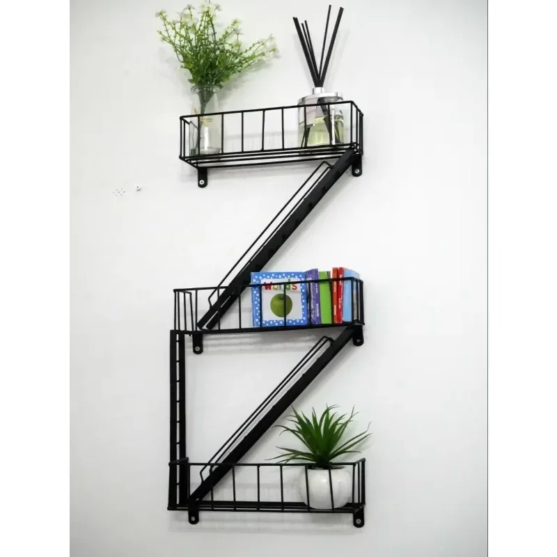 

Rustic Black Fire Escape Black Metal Unique Home Storage Organization Display For Wall Floating Shelves