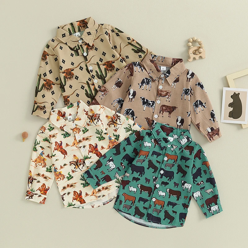 2023-07-19 Lioraitiin 6M-4T Baby Boy Clothes Western Cow Print Shirt Long Sleeve Country Dress Shirt Tops Toddler Outfit